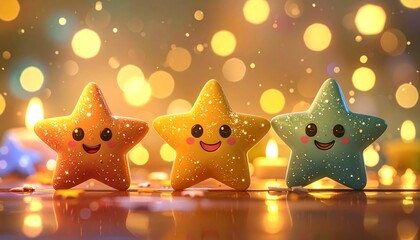 Three colorful star characters with smiling faces on a bokeh background.