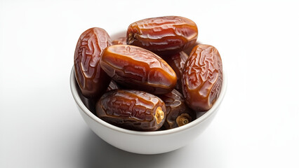 Realistic image of several dates served in a small white bowl, placed on a white surface with a clean white background, highlighting natural texture and rich brown color.