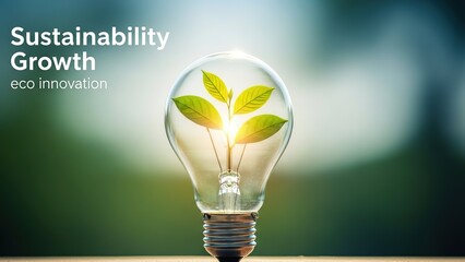 Eco friendly innovation concept with green leaves growing inside a lightbulb on a wooden surface with a blurred green background representing sustainability with growth