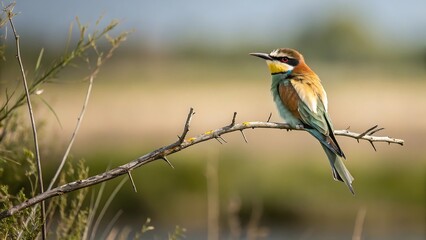 Colorful european bee-eater sitting on a thorny dry branch in bright light
