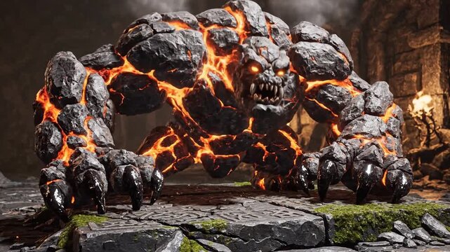 Ancient Granite Golem Guardian Poised for Aggressive Combat on a Textured Monolithic Square Stone Pedestal, Mystical Earth Creature Sculpture in Defensive Stance, Cinematic Fantasy Beast Statue