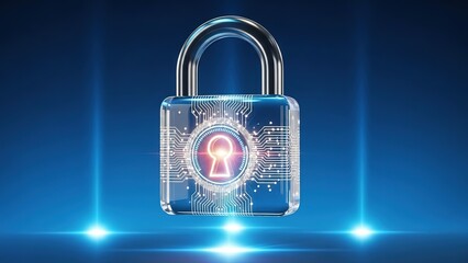 Digital padlock with glowing keyhole on circuit board background, symbolizing cybersecurity and data protection with futuristic blue lights with privacy and safety