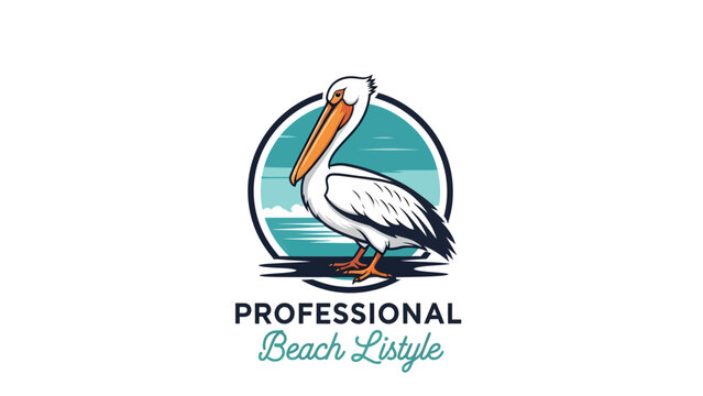 A majestic pelican stands proudly on a beach with a serene ocean backdrop.