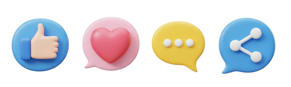 3d social media icons like heart chat share transparent background cutout png