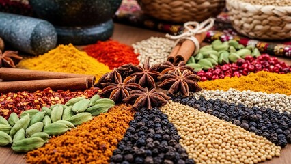 Colorful array of various spices and herbs including star anise, cinnamon sticks, and piles of powder and seeds on a wooden surface with culinary and cooking with flavor