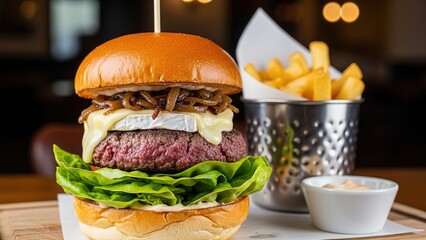 A juicy beef burger with melted cheese, caramelized onions, and fresh lettuce on a toasted bun, served with crispy fries in a metal bucket and a side of creamy