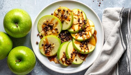 Green Apple Slices with Caramel and Nuts - A Delicious and Healthy Snack.