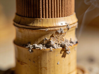 spiritual ritual incense smoke detail on bamboo and wood background