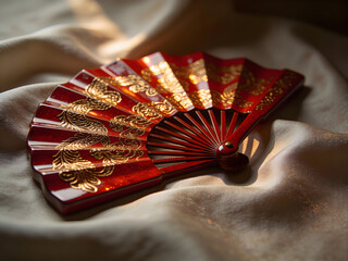 traditional asian paper fan with red and gold pattern on satin background