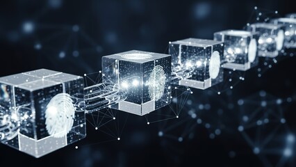 A futuristic network of interconnected transparent cubes with glowing white biometric fingerprints and connections on a dark background with scattered light dots