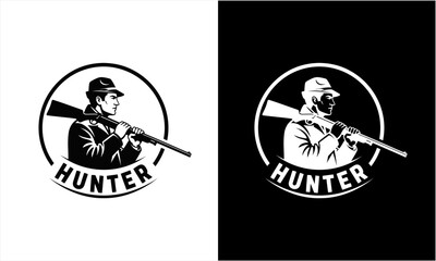 Fototapeta premium Hunter with Rifle Logo Design in Black and White.