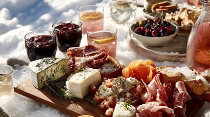 Winter charcuterie board with cheese and cold cuts arranged on snow
