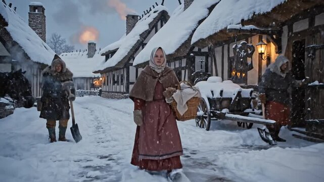 Charming medieval village street blanketed in thick white snow during a serene winter twilight featuring rustic timber-framed cottages with warm glowing windows and frozen cobblestone paths.