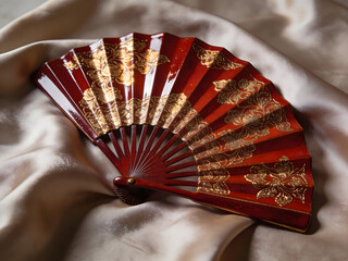elegant folding hand fan on golden silk fabric in warm light still life