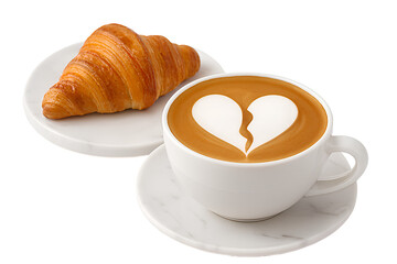 "Broken Heart Latte Art &ndash; White Coffee Cup with Croissant on White Background for Emotional and Breakfast Themes"