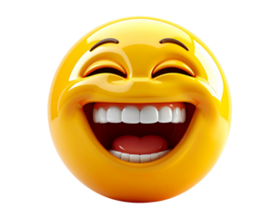  3D yellow emoji face laughing loudly with open mouth, glossy surface, smooth texture, high detail, isolated on white background, modern 3D render