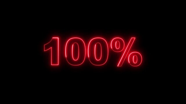 Neon 100 Percent Progress Indicator on Black Background, Completion and Success Concept