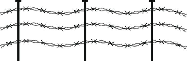 Barbed wire border set isolated on white background. Sharp twisted metal wire lines symbolizing danger, restriction, and security. Ideal for warning designs, crime themes, posters, and conceptual 
