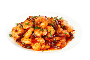 Naklejka premium Spicy Cooked Shrimp with Chilies and Green Onions