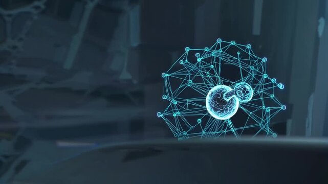 blue neural sphere inside nerve mesh, glowing digital synapse network rotating within microscopic fiber structure, clinical research atmosphere with holographic overlay and pulsing signal patterns