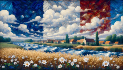 A French flag in impressionist painting style, Ai generated image