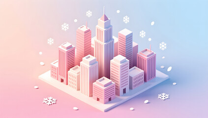 Fototapeta premium Winter snowflakes falling over candy colored papercut city landscape