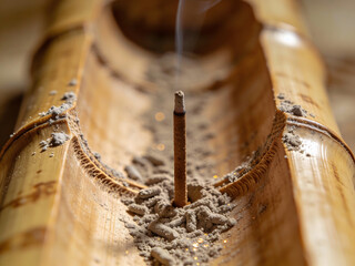 burning incense sticks with drifting smoke in temple sunlight