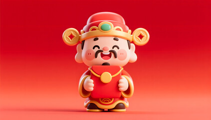 Cute chibi God of Wealth holding a red envelope for Chinese New Year