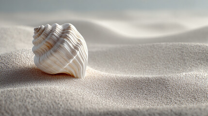 A solitary seashell rests gracefully on the textured sand, evoking tranquility and a sense of coastal serenity.