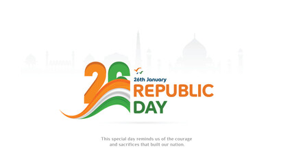 Creative Republic Day celebration design featuring “26 January” typography with Indian tricolor wave and Ashoka Chakra, suitable for posters, banners, social media posts, web graphics, and print desig