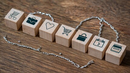 Wooden blocks showing various commerce icons connected by a broken silver chain rest upon a textured wooden surface