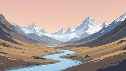 A glacier valley landscape illustration background with a thin meltwater stream and wide sky