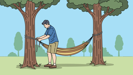 Man setting up a hammock between two trees in a serene outdoor setting
