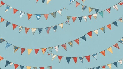 A seamless pennant flag pattern illustration background strung in arcs across pale blue