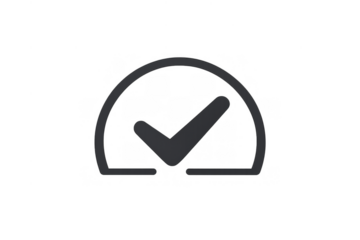 Check mark icon with semicircular frame representing completion, success, approval, ready, done, and correct on transparent background
