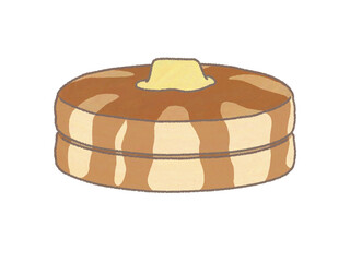 ホットケーキを2つ重ねてバターとシロップがかかっているイラスト
