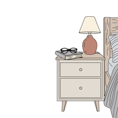Nightstand with lamp, book, and reading glasses in a minimalist style