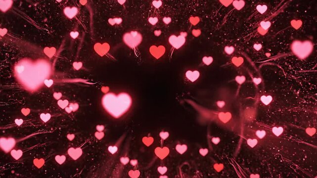 Pink and red hearts exploding in a dark background, with a bokeh effect, ideal for Valentine's Day or love-themed promotions