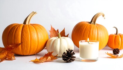 Autumnal Still Life with Pumpkins, Candle, and Pine Cone.