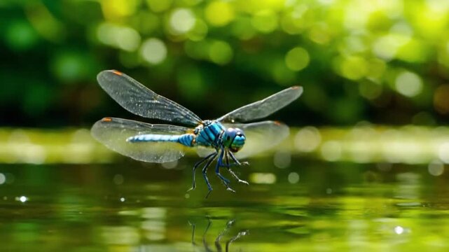 Vibrant blue dragonfly hovers gracefully over water with bokeh background
