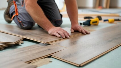 A worker installs wooden flooring on a partially completed surface, with tools nearby