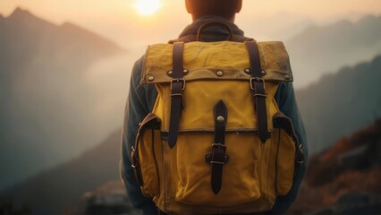 A person with a yellow backpack gazes at a mountain sunset, silhouette against a bright sky