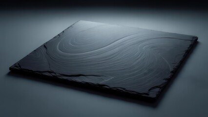 A square, slate-like platter with swirled surface texture, illuminated for effect