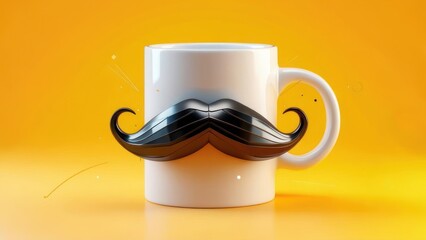 A white coffee mug with a glossy black mustache on an orange gradient background