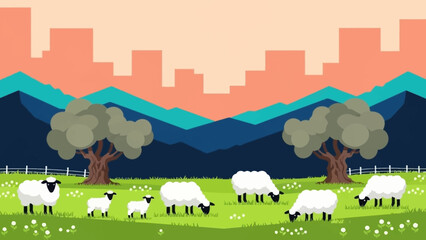 Serene landscape with sheep grazing in a field. © Abhinaya Project