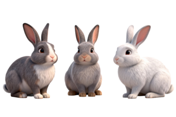 Three cute 3D-rendered rabbits sitting together