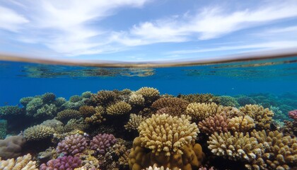 Underwater coral reef teeming with life beneath a partly cloudy sky
