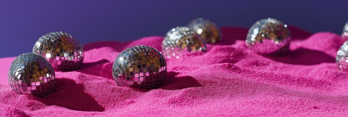 Reflective disco eggs on vibrant pink sand under purple sky
