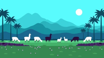 Keuken spatwand met foto Turkoois Serene landscape with llamas grazing in a lush green meadow under a full moon.  © Abhinaya Project