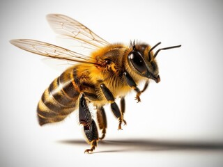 A bee flying in midair isolated on white background with a slight shadow